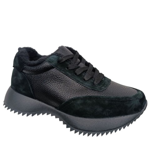 Кроссовки женские WOMAN MYTHZT 8187 кожа+замша мех черный