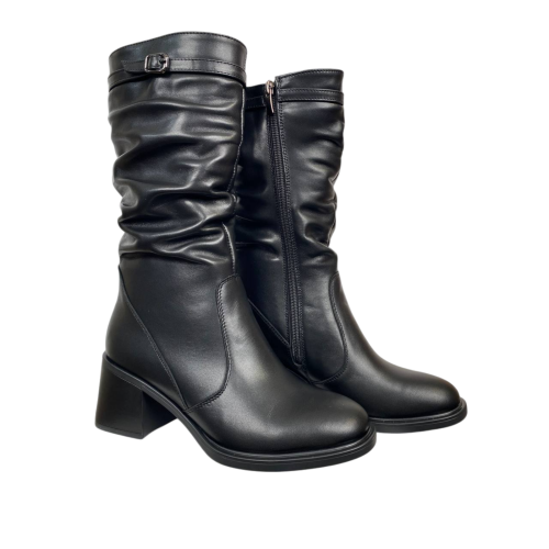 Чоботи жіночі шкіряні KATRIN 707 01 чорні хутро каблук