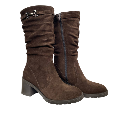 Чоботи жіночі замшеві KATRIN 707 08 коричневі хутро каблук