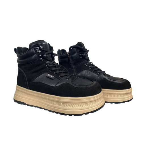 Черевики жіночі шкіряні+замш ALLSY 206176 чорні хутро