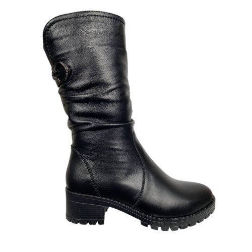 Чоботи жіночі шкіряні  KATRIN 640 01 чорні хутро каблук