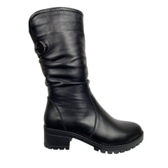 Чоботи жіночі шкіряні KATRIN 640 01 чорні хутро каблук