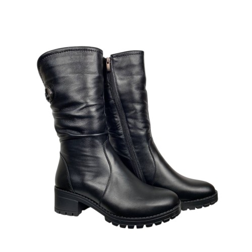 Чоботи жіночі шкіряні  KATRIN 640 01 чорні хутро каблук